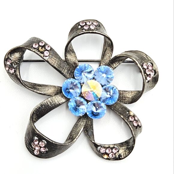 Gunmetal Ribbon with Pink and Blue Rhinestone Flower Pin Brooch - Picture 1 of 7